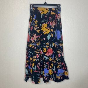 Pact Organic Cotton Black Floral Midi Skirt Boho Size XS